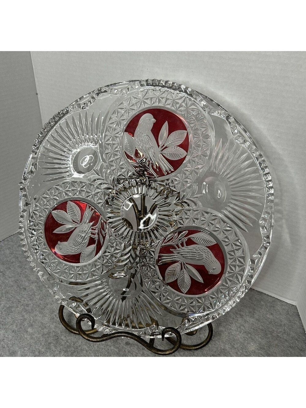 Amaris Nachtmann Etched Crystal Red Bird Design Cake Plate 12” No Flaws Stunning